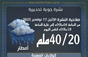 نشرة جوية خاصة أمطار رعدية معتبرة عبر عدد من ولايات الوطن